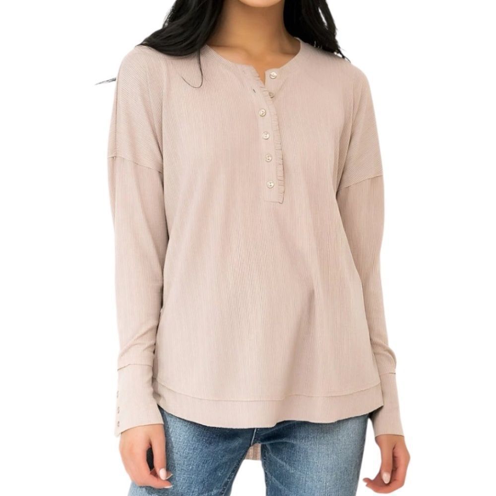 Gibsonlook Ruffle Trim Pointelle Knit Henley Top Pink Dust Size XXL